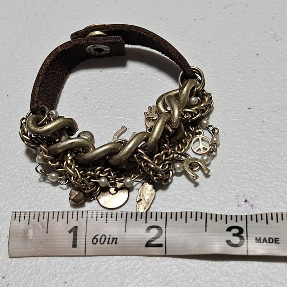 Vintage Leather Brass Chain Link Charm Bracelet Faux Pearls Fashion Jewelry - Picture 8 of 8